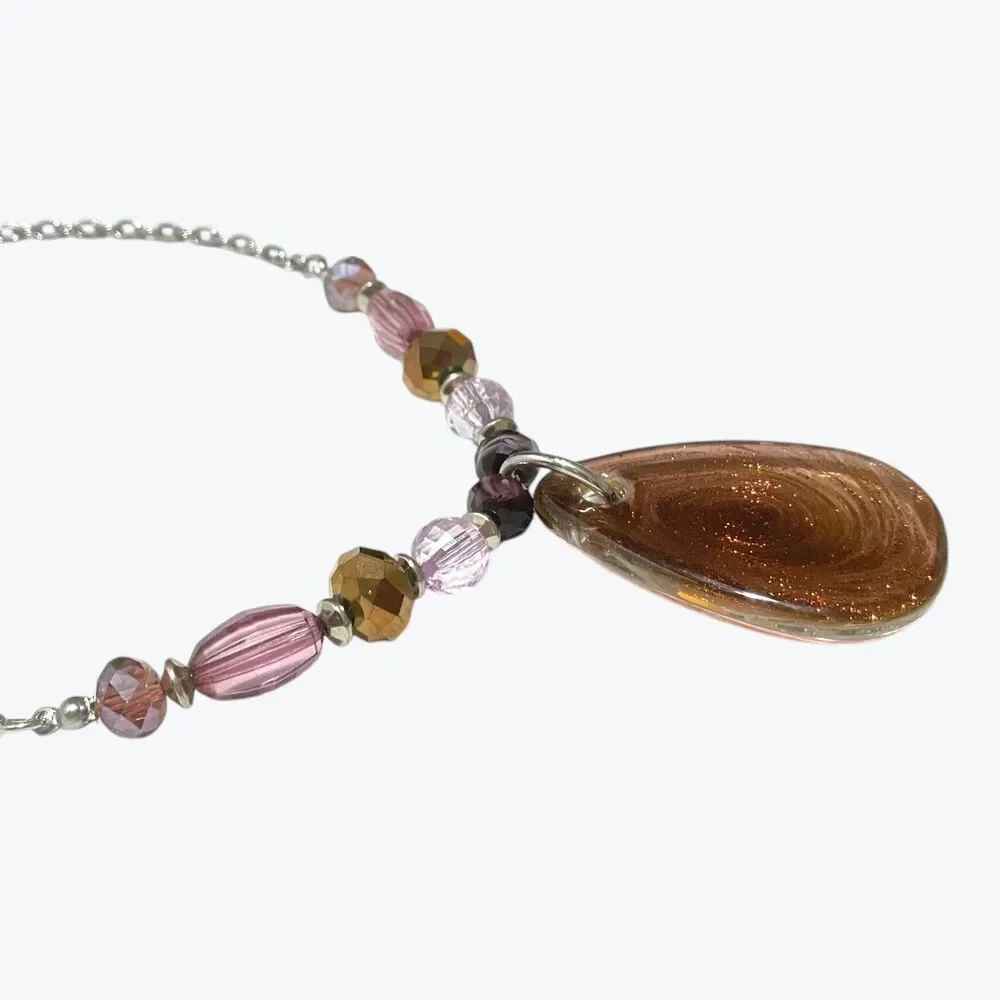 Art Glass Pendant Necklace Copper Aventurine Glitter Teardrop Crystal Beads